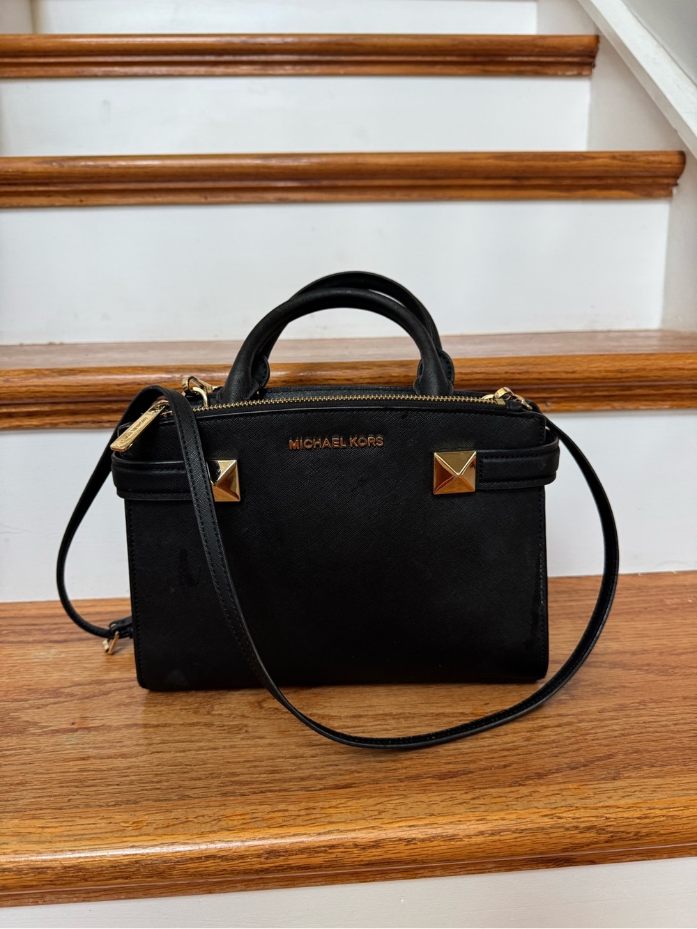Michael Kors Black Saffiano Satchel with Gold Stud Accents